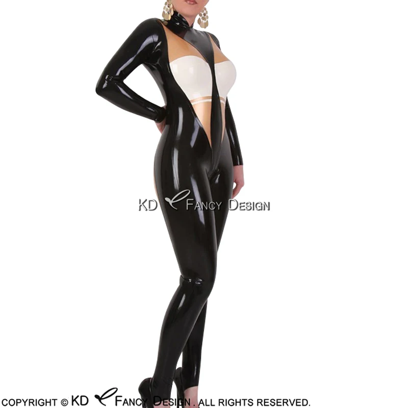 Черно-белый золотой сексуальный латексный кигуруми с носками, задней молнией, резиновый комбинезон, боди-костюм, зентай, полный комплект LTY-0109.