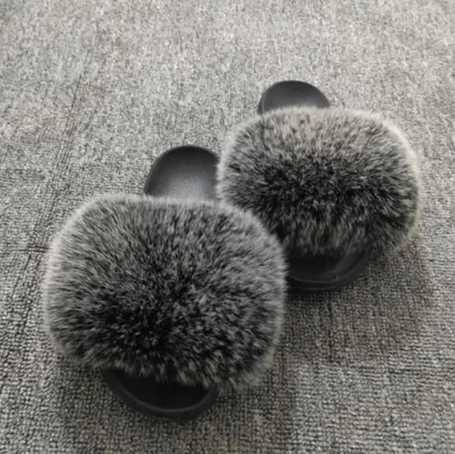 Real Raccoon Fur Slippers Women Sliders Casual Fox Hair Flat Fluffy Fashion Home Summer Big Size 45 Furry Flip Flops Shoes - Цвет: fox