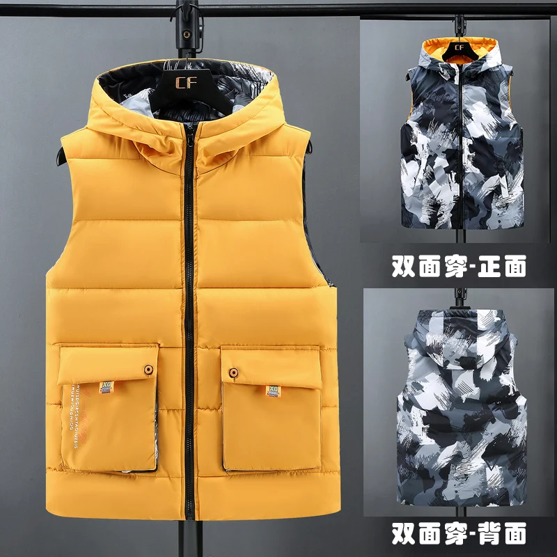 

2022 Winter Camouflage Vest Men Both Side Wear Thicken Warm cotton-padded Hooded Solid Color Big Pockets waistcoat 4XL 5XL 6XL