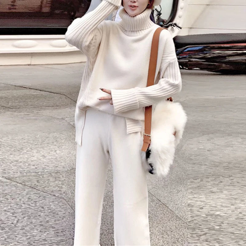 

Sweater Set Women Winter Knitted Suits 2 Piece Set Soild Turtleneck Sweater + Loose Trousers Office Lady Suit 2019 Warm Pullover