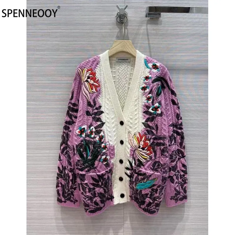 

SPENNEOOY 2021 Designer Brand Autumn Winter Wool Knitting Cardigan Women Single-Breasted Embroidery Sweater Outwear
