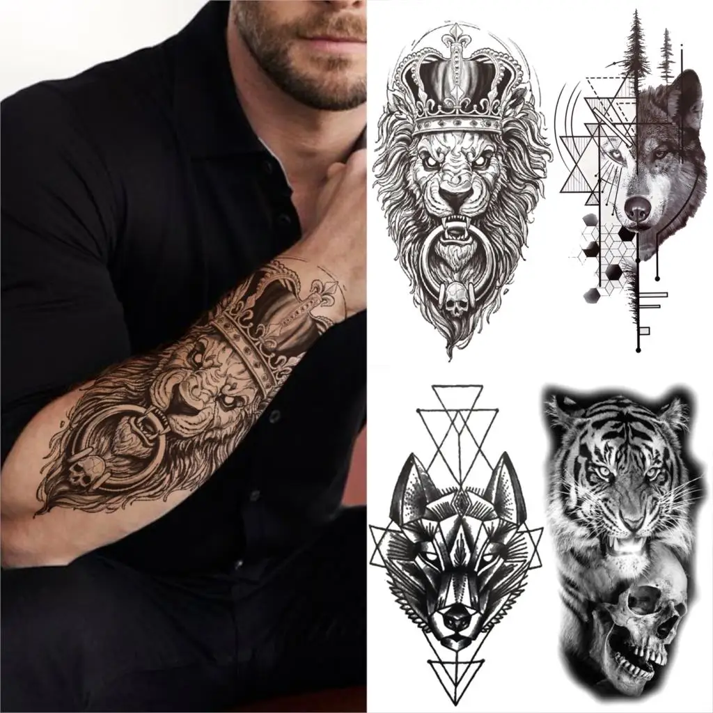 

Armband Lion King Temporary Tattoos For Men Women Tiger Wolf Skull Fake Tattoo Sticker Large Half Sleeve Forearm Tatoo Arm