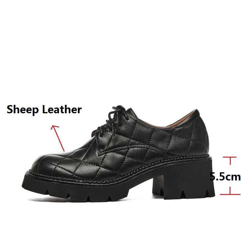 

LeShion Of Chanmeb New Natural Sheepskin Leather Shoes Woman Chunky Heels Platforms Quilted Shoes Black Beige Derby Shoes Girls