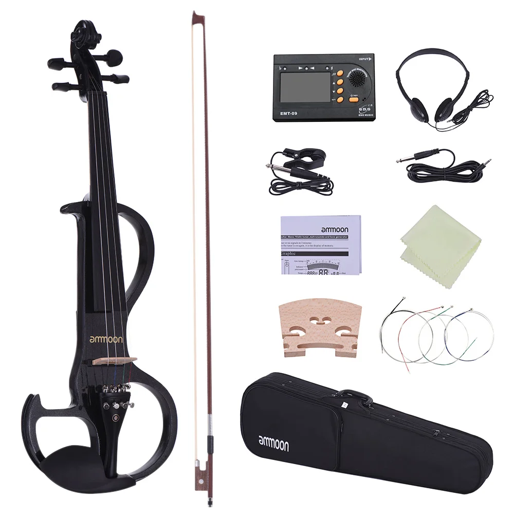 

Ammoon полный Размеры 4/4 электрическая тихая скрипка Стиль-3 эбеновое дерево гриф с колками подбородка хвостовой с чехол тюнер для наушников