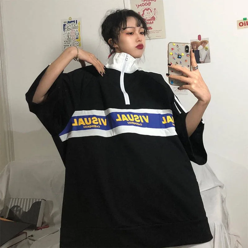 half-sleeve harajuku bf style women tops 2020 new spring t shirt letter printing zipper Turtleneck clothes student polo | Женская одежда
