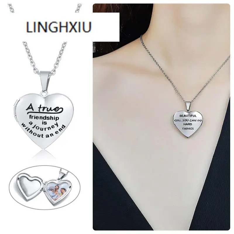 

Cutsom Photo Love Heart Locket Necklace Girls Woman Silver Pendant Personlized BFF Bestfriend Family Inspiration Gifts