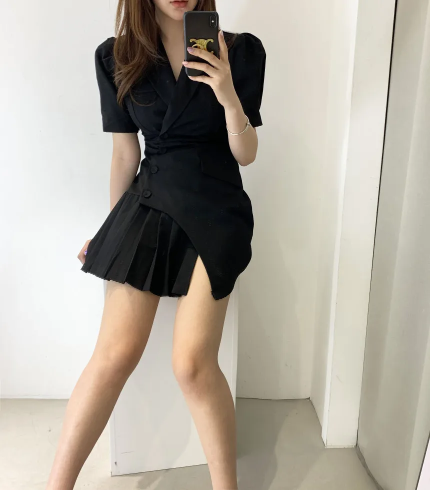 

2021 Korean Summer Elegant Suit Collar Pleated Dress Puff Sleeve Mini Dress Vintage Dresses For Women One Piece Sexy Sundresses