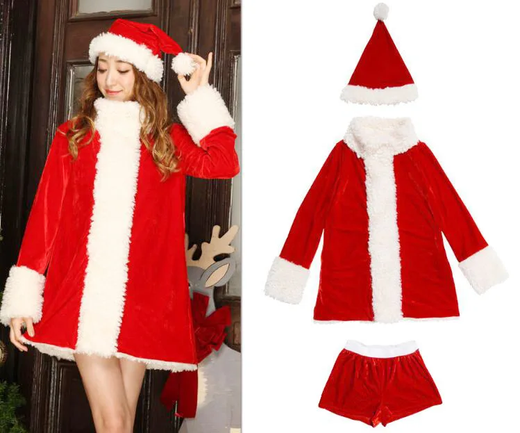 2019 Рождественский костюм красный плюш Водолазка пальто шорты комплект Женская