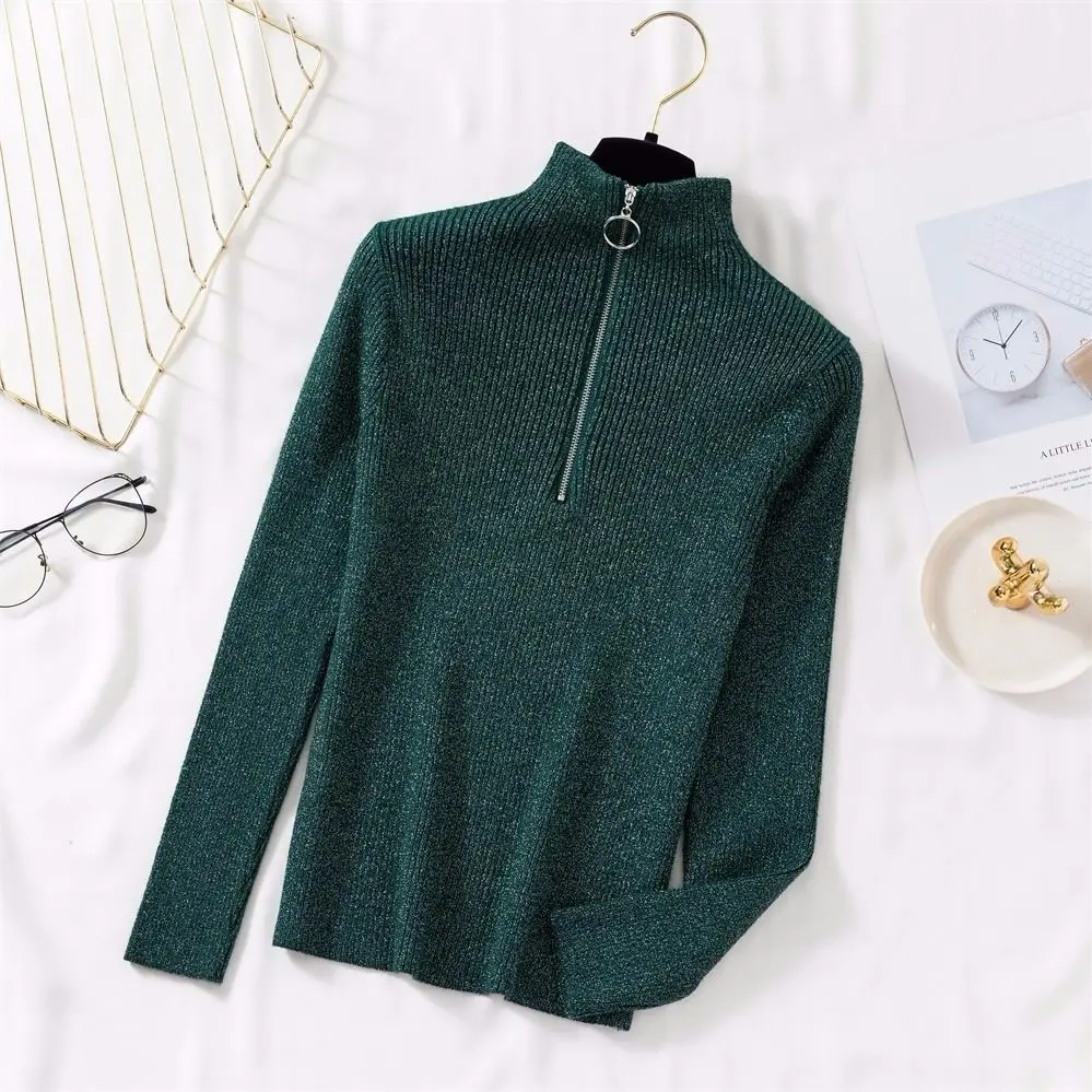 Осень-зима 2020 вязаный пуловер на молнии с воротником-хомутом Повседневный Яркий
