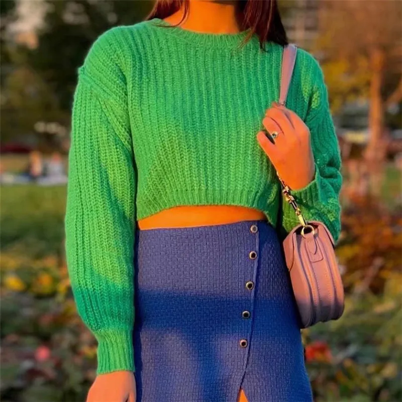 

Женский вязаный свитер с длинным рукавом, круглым вырезом