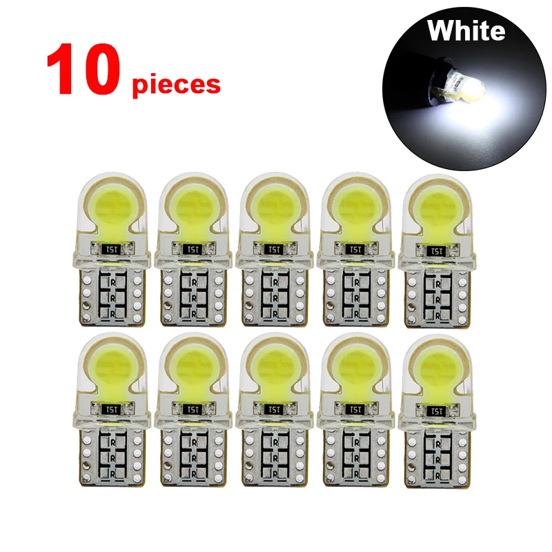 10PCS White Силикагель T10 светодиодный COB лампы Интерьер автомобильного салона освещение для чтения пластина лампочка для номерного знака 5W5 W5W COB светодиодный световой сигнал 12V 7000K белый 194 168 - Испускаемый цвет: 10PCS White