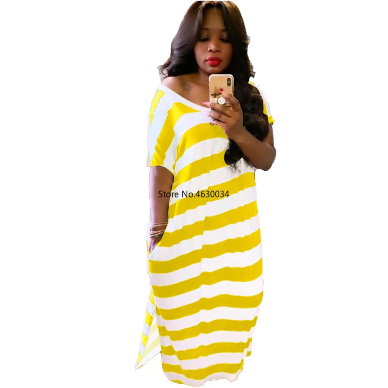 Женское летнее Полосатое Платье макси с открытыми плечами и коротким рукавом