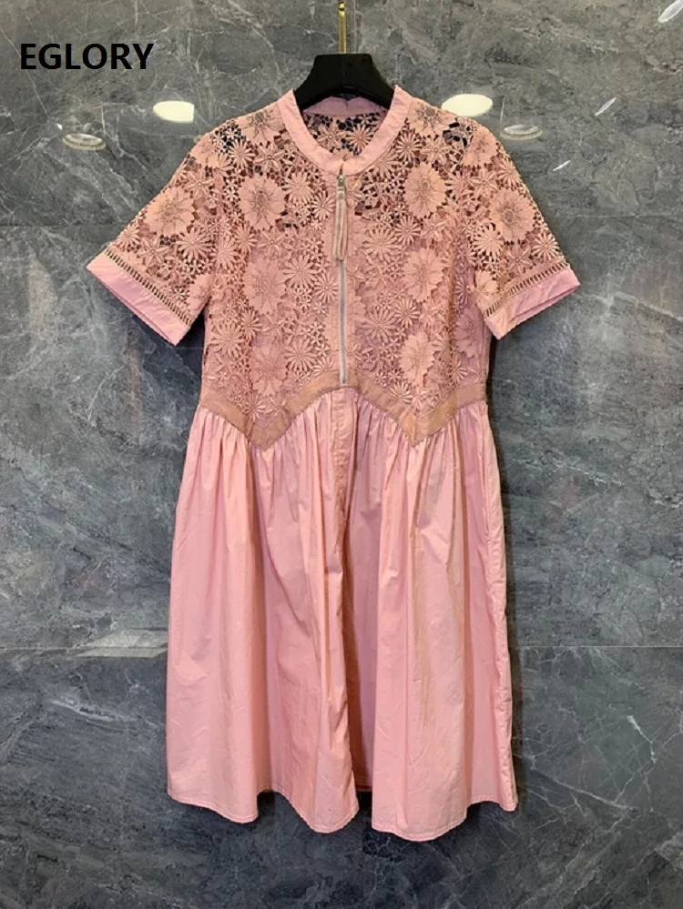 New Korean Style Dress 2021 Summer Ladies Crochet Lace Embroidery Patchwork Short Sleeve Pink Dark Blue White Cotton Dress