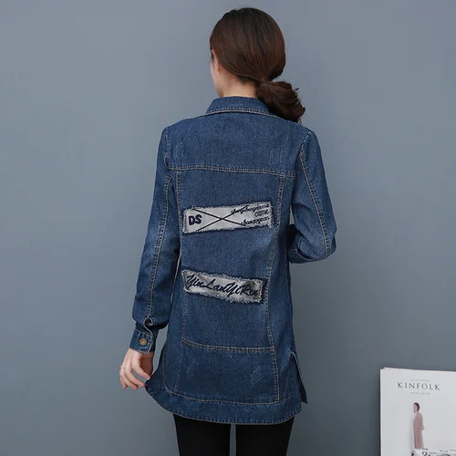 Женский джинсовый плащ C87402L осенне зимний с длинным рукавом и отложным