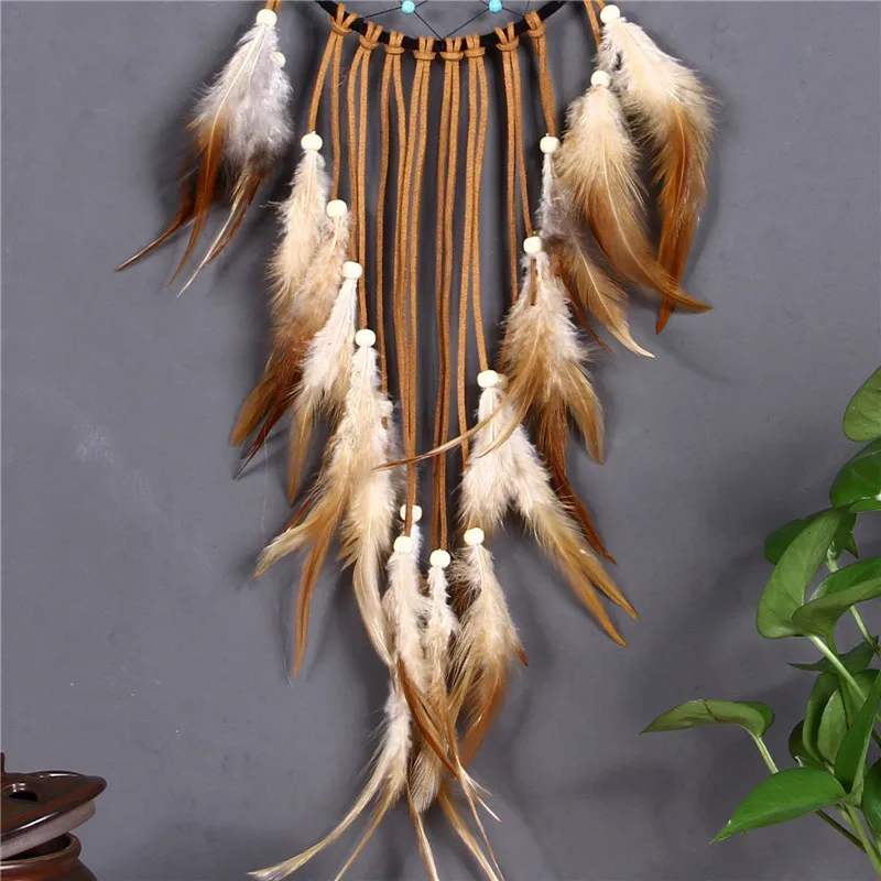 Индийская Ретро Сеть Ловец снов с кулоном из Коричневых Перьев натуральный