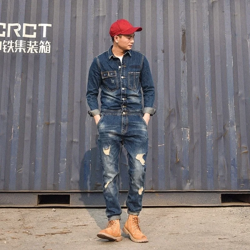 Fashion Designer Mens Hole Denim Overalls Vintage Blue Jeans For Mens Harajuku Work Cargo Clothes Long Casual Streetwear