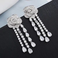 shining crystal flower tassel dangle jewelry for women cubic zirconia long earrings luxury wedding party camellia dangler