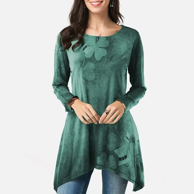 

Women Ruffles Irregular Print Floral O Neck Tunic Blouse Long Sleeve Loose Tops Tunics Blouses 2021 Lady Vintage Casual Blusas