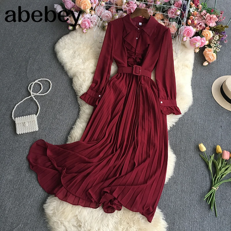 

Женское плиссированное платье, длинное многослойное платье с отложным воротником, длинными рукавами, оборками и высокой талией на шнуровке...