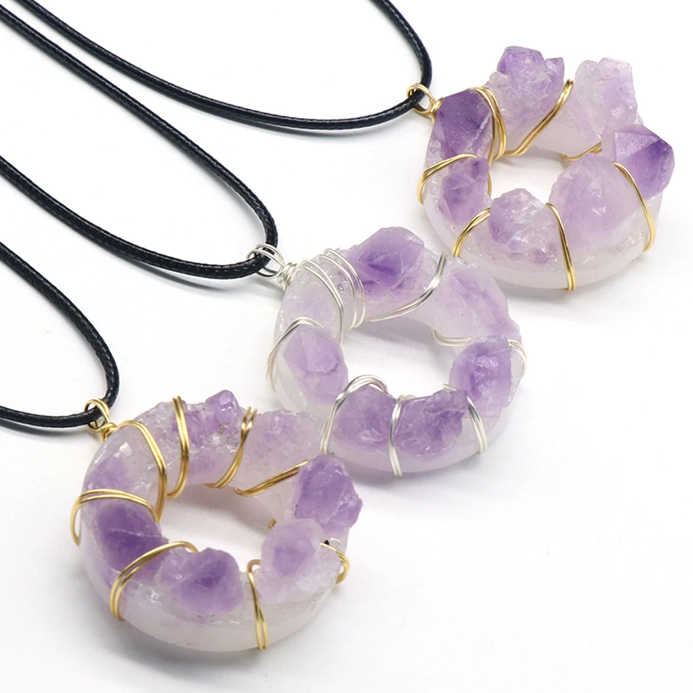 

Natural Amethysts Pendant Necklace Round Shape Natural Agates Stone Pendant Necklace for Jewerly Party Gift 35mm Length 45cm