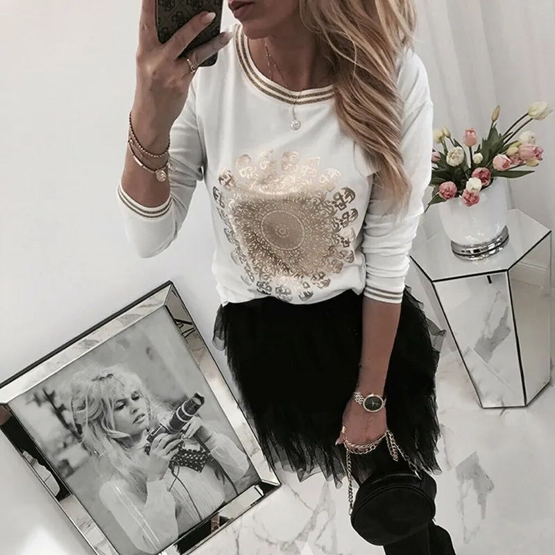 2020 Новая модная женская Повседневная футболка с принтом и длинным рукавом