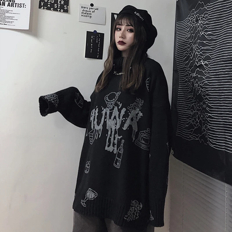 

Женский свободный свитер Goth Lady, черная Готическая водолазка с надписью и граффити, зимний хипстерский свитер