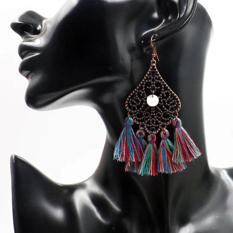 Винтажные богемные этнические бронзовые висячие серьги с бахромой длинные