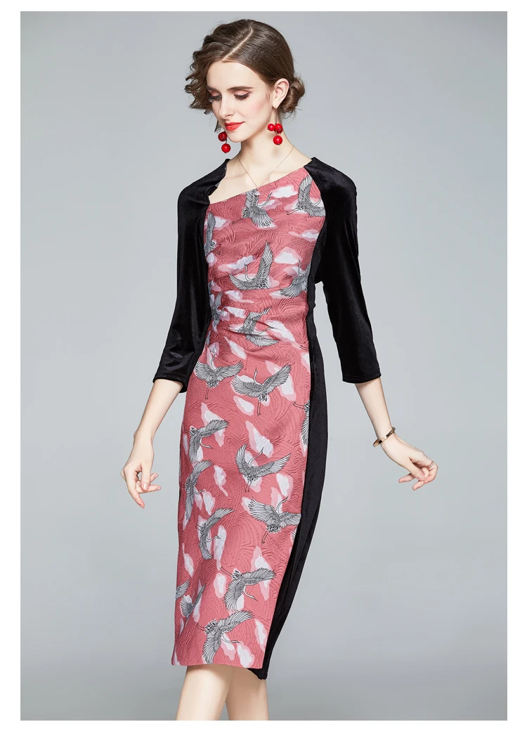 

New Style in Autumn Winter 2020 Ladies' Dress Celebrity Temperament Slim Split High-End Jacquard Stitching Velvet Sexy