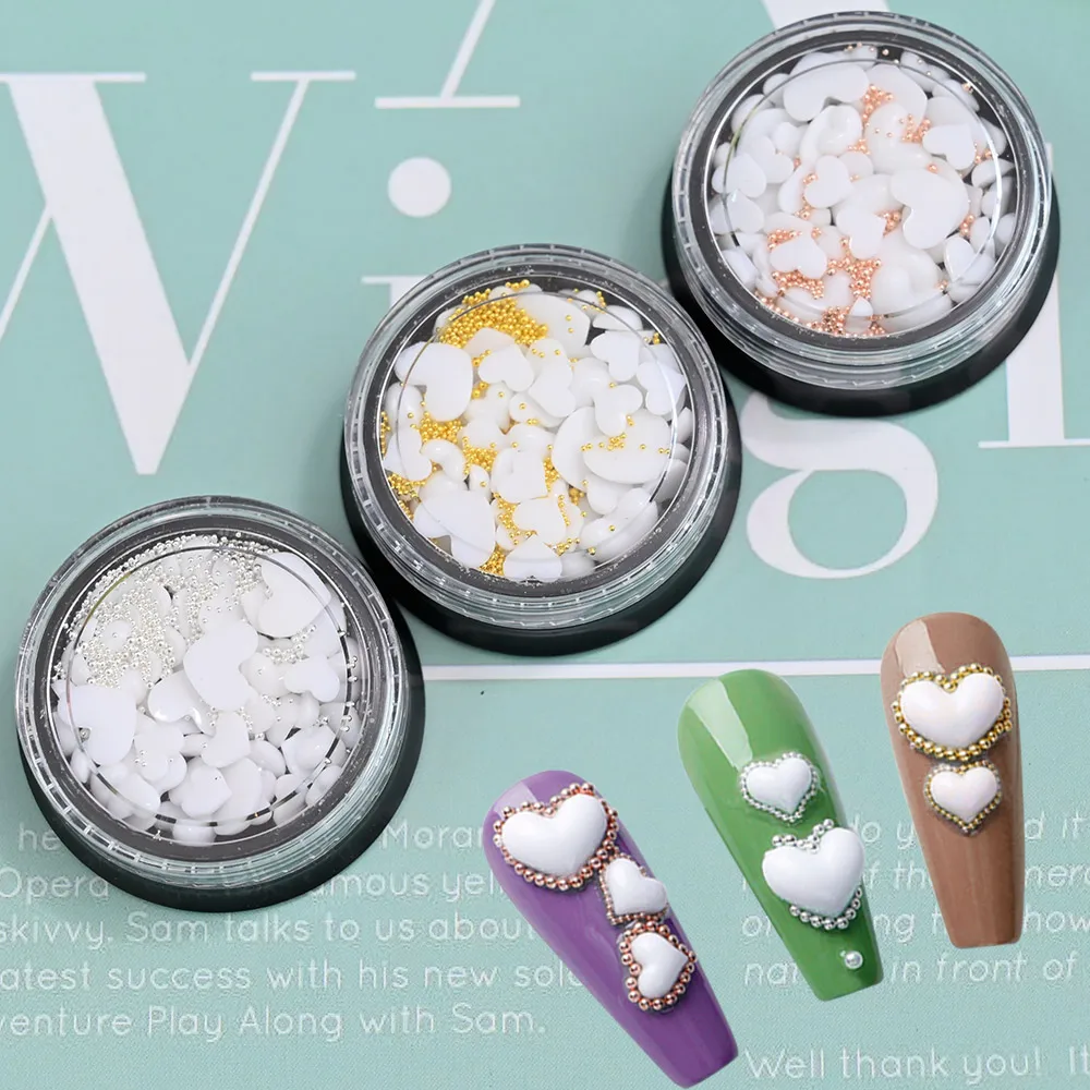 1Bottle White Heart Flower Nail Art Decoration Mixed Size Caviar Beads Resin Parts Kawaii Japanese DIY Manicure Accessories JG-5