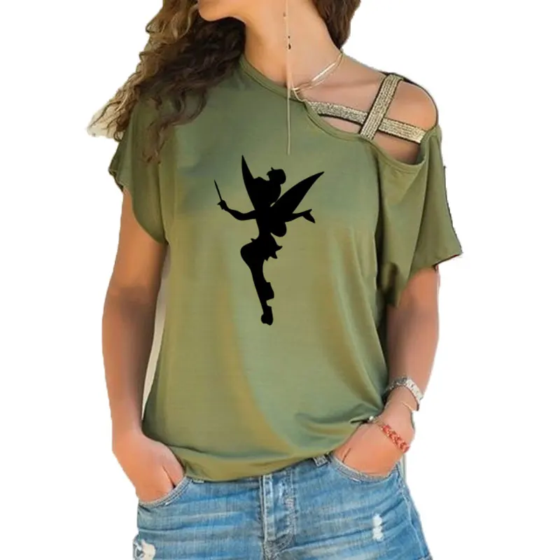 Camiseta con estampado de campanilla para mujer, ropa con silueta de Hada, bonita banda cruzada Irregular, 2021