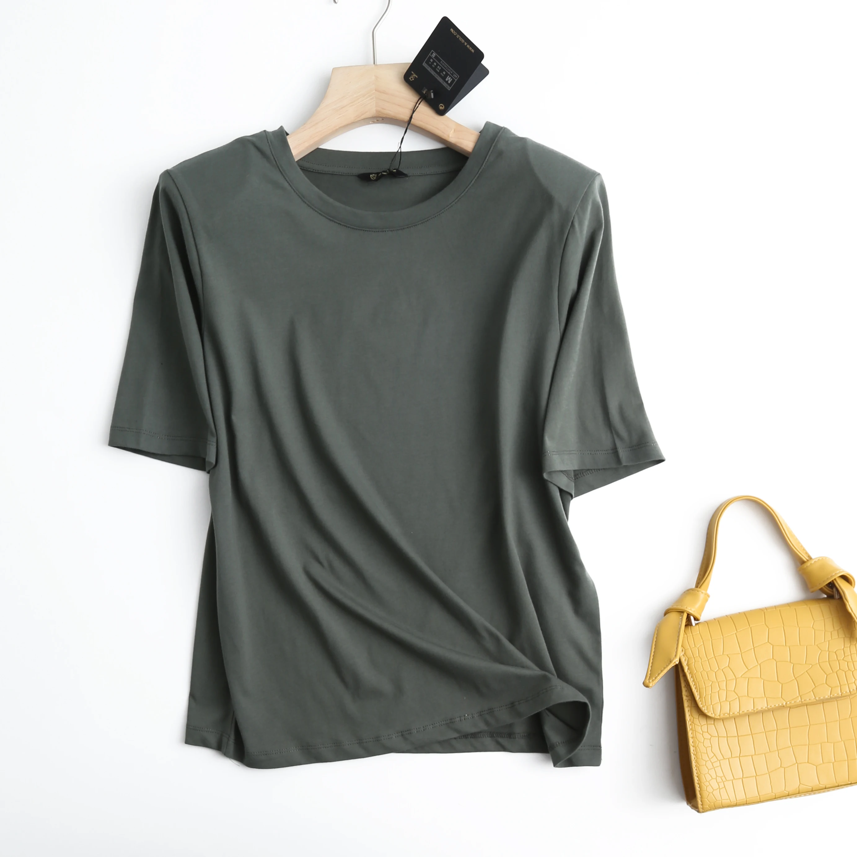 

Withered England Style Fashion Simple Shoulder pads Solid Casual Summer T Shirt Women Camisetas Verano Mujer 2021100%cotton Tops