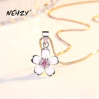 nehzy 925 sterling silver womens fashion new jewelry high quality retro simple pink crystal flower pendant necklace long 45cm