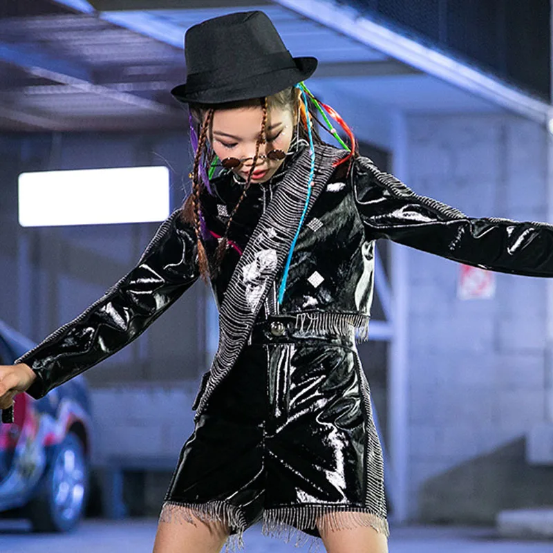 

Modern Jazz/Hip Hop/Street Dance Performance/Practice Costume For Girl Long Sleeve Cool Leather Clothes Festival Outfit DQL4751