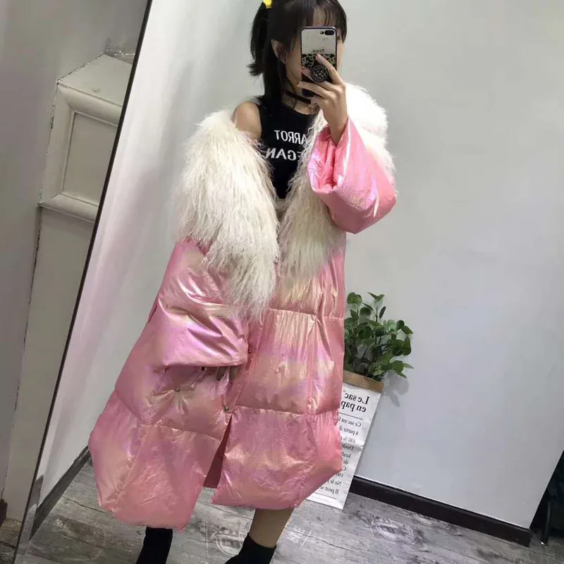 X-Long, 90% белый утиный пух, куртка, Женское пальто, зима, новая мода, парка, розовые пальто с большим, монгольский, овечий мех, воротник