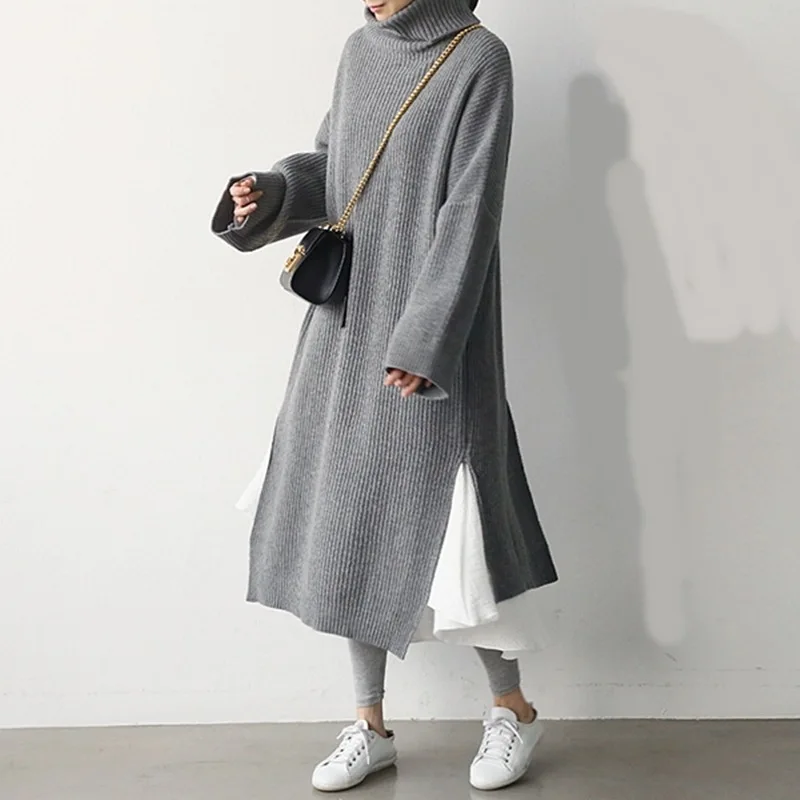 [EWQ] модный длинный шерстяной пуловер трикотажное платье свитер Осень Зима