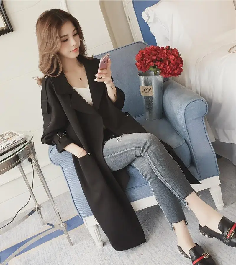 Плащ женский армейский зеленый свободный длинный весна-осень длинное пальто