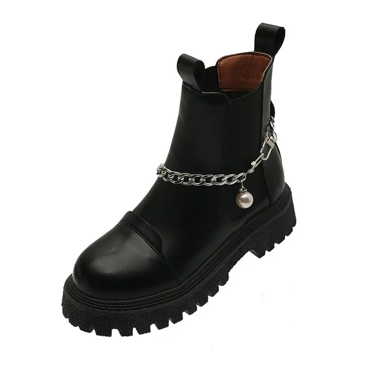 

2021 New winter HIgh Quality Genuine Leather Metal Chain Martin Boots Zip Side Low Heel Luxury Designer Shoes Women