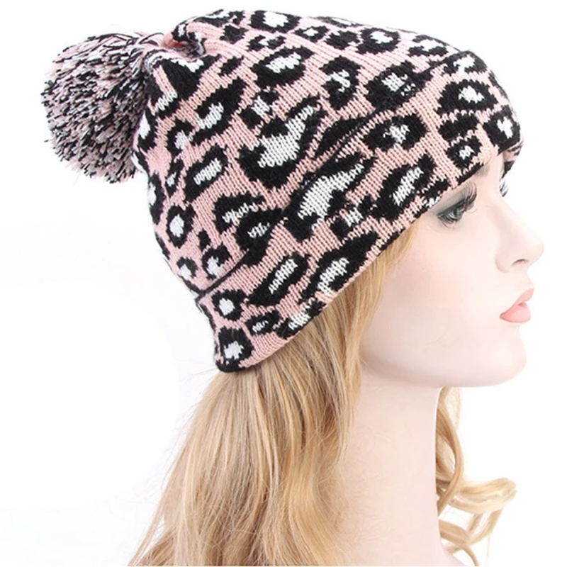 Женская Зимняя Вязаная Шапка бини винтажная с леопардовым узором жаккардовая