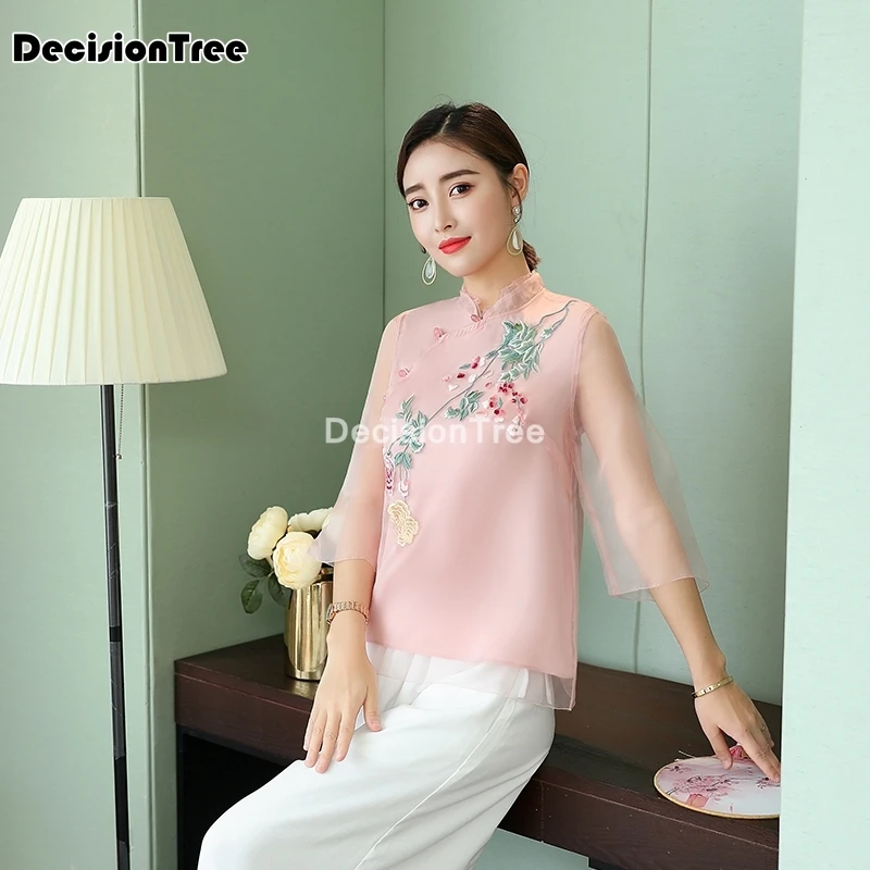 

2021 satin silk china shirts cheongsam style traditional chinese clothing for women embroidery qipao tops chinese qipao blouse