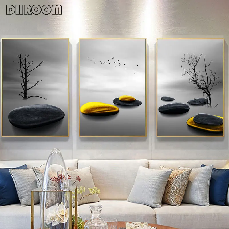 

Modern Minimalist Landscape Prints Trees and Birds Poster Nordic Golden Stone Canvas Painting Wall Art Picture Living Room Decor