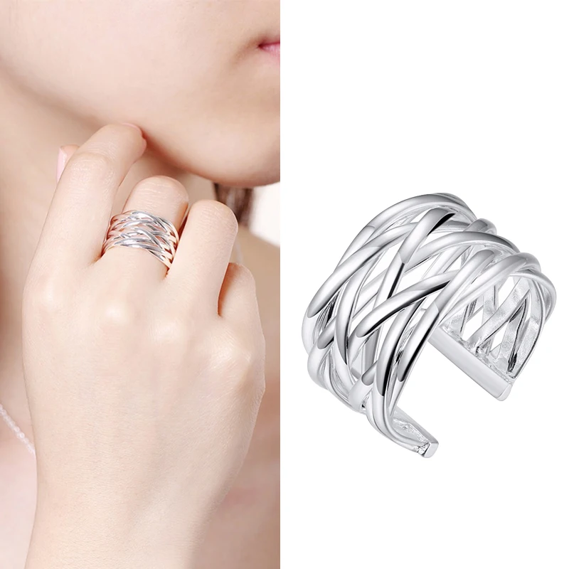 Удобные блестящие плетеные Открытые Кольца для женщин с посеребренным покрытием