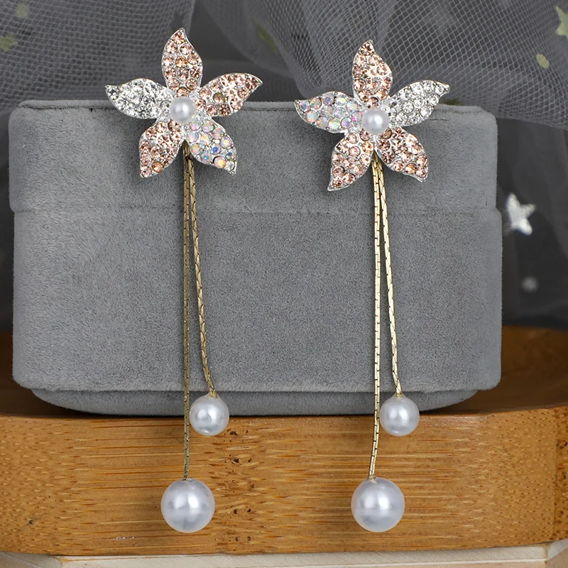 925 silver metal flowers stars geometric long crystal tassel pearl simple earrings female personality retro DIY wedding jewelry | Украшения