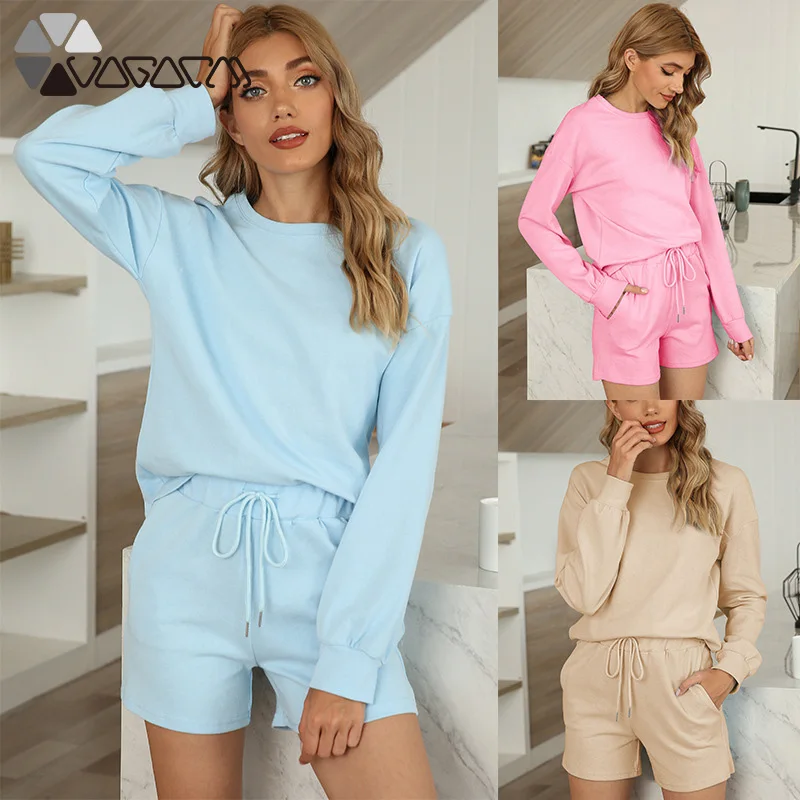 

Women 2 Piece Set 2021 New Summer Autumn Loose Solid Color o Neck Top with Pockets Long Sleeve Tracksuit Outfits Womens Clothing