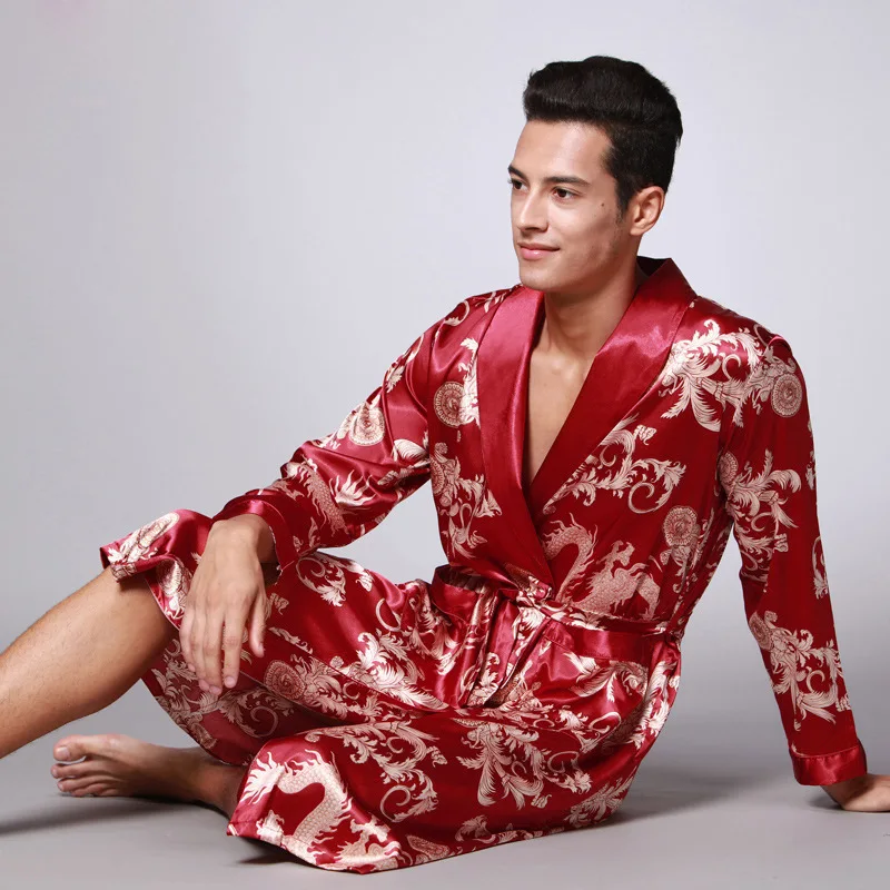 2022 Summer Fashion Pajamas Ice Silk Chinese Dragon Phoenix Printed Men's Pocket Nightwe Long Sleeve Bathrobe Home Clothing Sexy