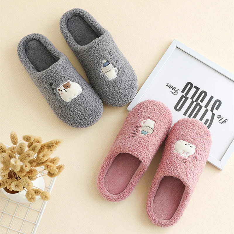 

Winter Fur Slippers Women House Cute Cartoon Pattern Bedroom Ladies Flat Shoes Warm Plush 2020 New Girls Furry Slides