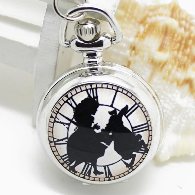 (6001) Серебряная Страна Чудес с кроликом Эмаль кварцевые карманные часы ожерелье