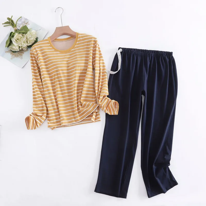 

Fresh Color Women's Pajamas New Striped Autumn Winter Sleepwear Chest Pad Casual Pyjamas Suit Female Top+Pant Two Piece Set