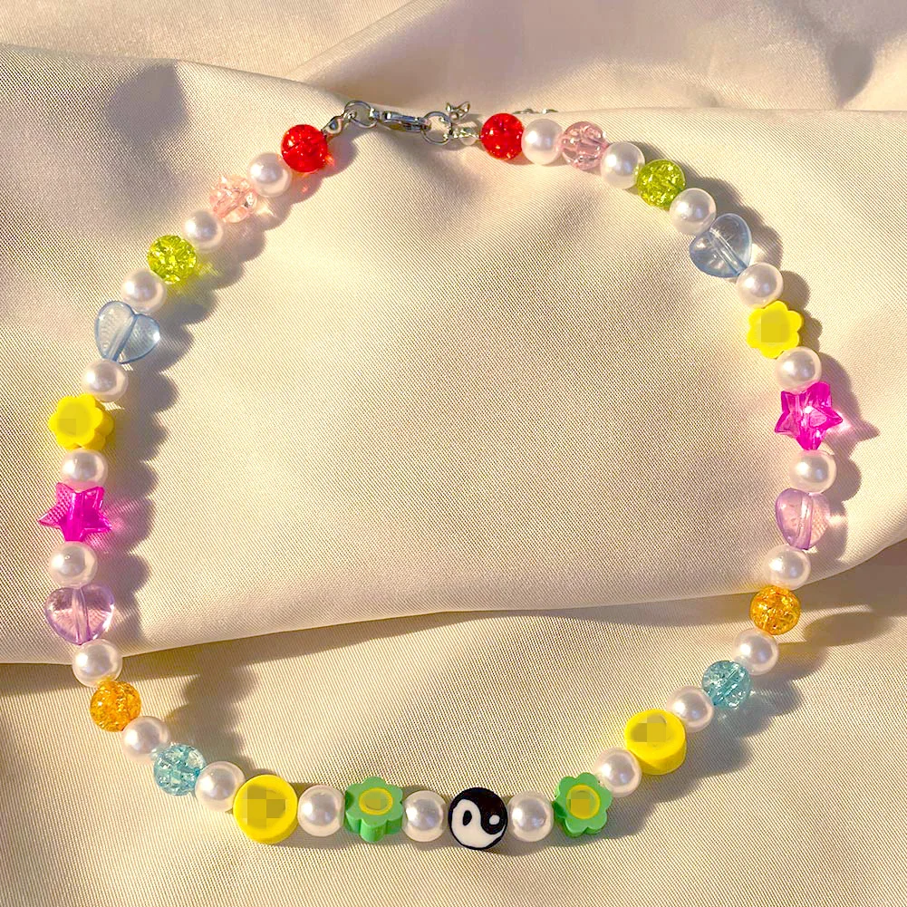 Радужное жемчужное ожерелье с бусинами в стиле Харадзюку женское искусственным