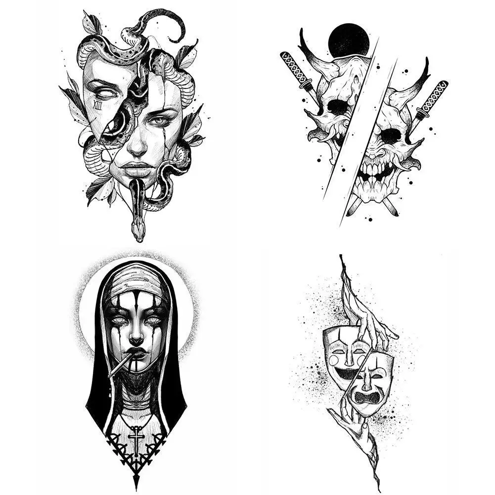 

Водостойкая временная татуировка, наклейка, черная змея, боди-арт, искусственная татуировка, двойная головка, Череп, наклейка на Хэллоуин, б...