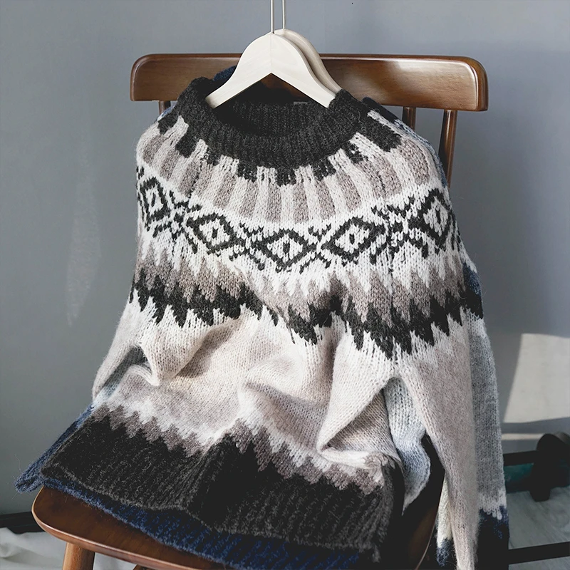 Женские зимние Джемперы винтажный свитер с геометрическим узором стиль бохо